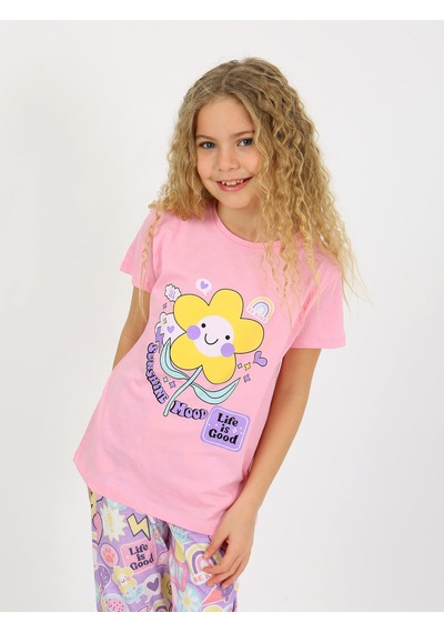Kız Çocuk Kısa Kollu %100 Pamuklu Pijama Takımı Be Kind Koyu Pembe