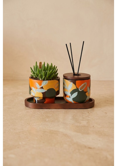 Giselle Autumn Leaves Candle & Succulent Set Çok Renkli