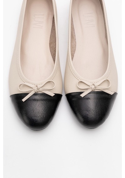 Luvishoes Luvi Shoes Jens Bej-siyah Cilt Hakiki Deri Fiyonklu Kadın Babet Ayakkabı Bej - Siyah