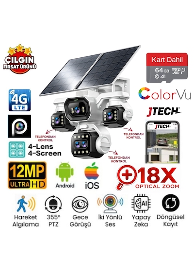 Inox X34 5lensx2mp 10mp 4g 18x Optik Zoom Esim Kartlı 2xsolar Panelli 4 Kameralı 3 Ptz + 64gb Sd Kart
