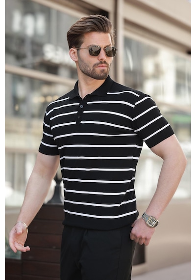 Madmext Siyah Çizgili Polo Yaka Erkek T-shirt E7405 Siyah