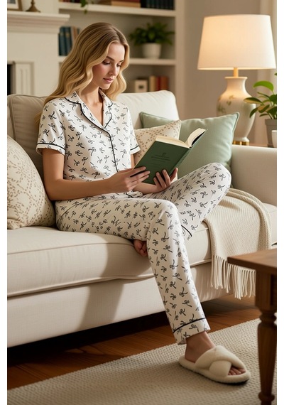 Benerly Kadın Gömlek Yaka Kısa Kollu Regular Kalıp Pijama Takımı Kurdele ekru