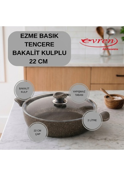 20 Cm Gold Stone Ezme Seri Granit Basık Tencere, Non-stick Pilav Karnıyarık Tencere 1,7 Lt Bakalit Kulplu 22 Cm