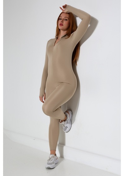 Winmoda34 Kadın Fermuarlı Dalgıç Uzun Tulum Parmak Geçirme Detaylı Bej
