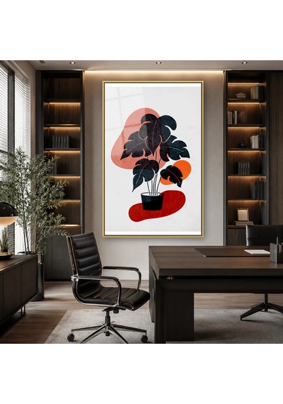 Saksıda Minimal Monstera Gold Çerçeveli Cam Tablo