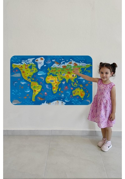 Eğitici Dünya Haritası Dünya Atlası Çocuk Ve Bebek Odası Duvar Sticker-60x105-3774 - Renkli Çok Renkli