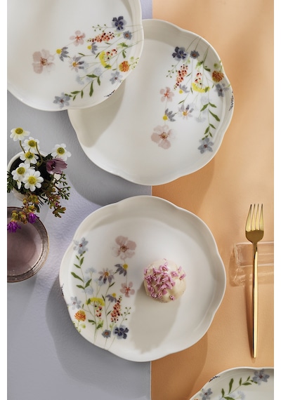 Kütahya Porselen Bone Velora 4 Parça 20 Cm Pasta Tabağı Çiçekli Çok Renkli
