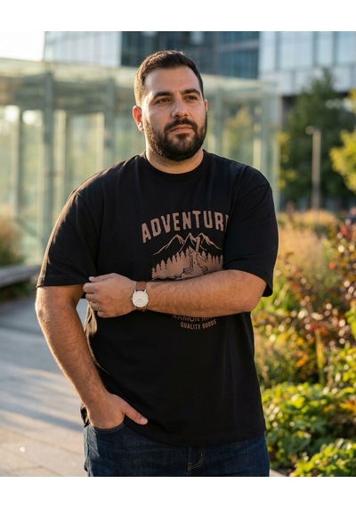 Büyük Beden Bisiklet Yaka Baskılı Erkek Tshirt Siyah
