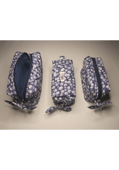 Kapitone Dikişli Denim Papatyalı Makyaj Çantası / Organizer - %100 Pamuk Kumaş Denim - Papatyalı