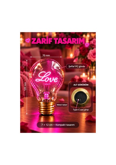 Love Neon Dekoratif Masa Lambası Ampul Şeklinde Yeni Nesil Aydınlatma Aşk Çok Renkli