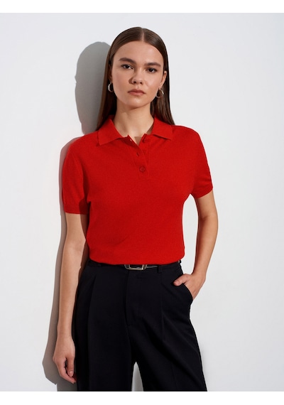 Dilvin 10871 Lyocell Karışımlı Polo Yaka Bluz-kırmızı