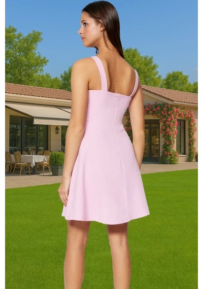Ersefa A Line Kolsuz Mini Elbise Polyester Elastan Yazlık Şık Abiye Tren Pembe
