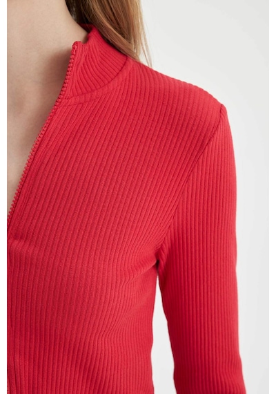 Defacto Fitted Dik Yaka Basic Düz Fermuarlı Fitilli Kaşkorse Crop Kırmızı Hırka D5124AX24AURD54 Kırmızı