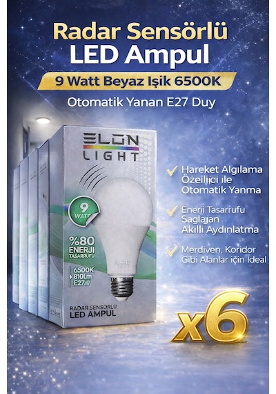 Radar Sensörlü Led Ampul 9 Watt Beyaz Işık 6500k Otomatik Yanan E27 Duy 6 Adet