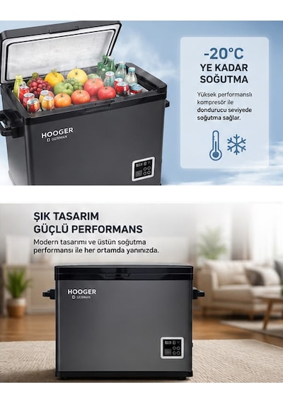 Hooger German EA 55 LTX New Series Geniş Kabin Dijital Led Ekran Oto Kamp Buzdolabı 12-24 Volt -20 Derece Hızlı Soğutma
