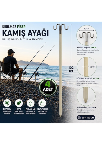 Hedyex Kırılmaz Fiber Kamış Ayağı 102 Cm Çift Başlıklı Olta Tutucu 4 Adet