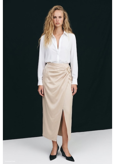 Sateen Toka Detaylı Saten Etek - Bej-138022