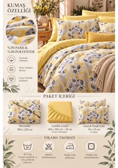Lastikli Çarşaflı Çift Kişilik Nevresim Takımı Lemon Sarı Sarı Füme