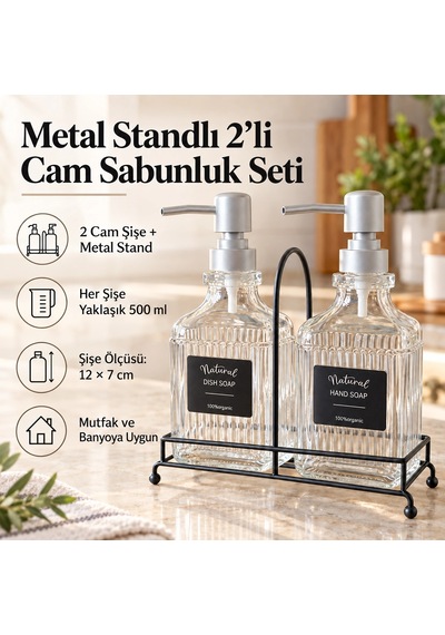 Metal Standlı 2'li Cam Sıvı Sabunluk Seti - 500 Ml Çok Renkli