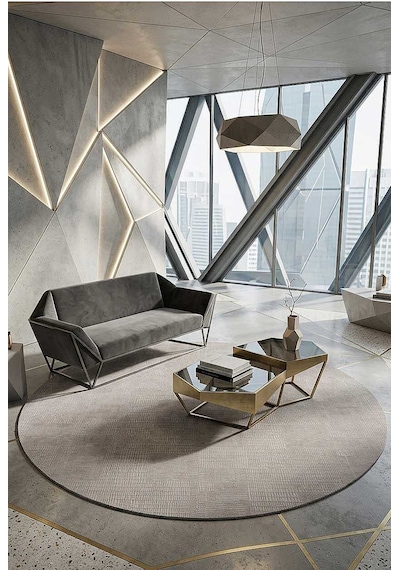 Geometrik Abstract Desenli Prato İpeksi Lüks Viskon Yuvarlak Halı Pr09 Gri Kemik
