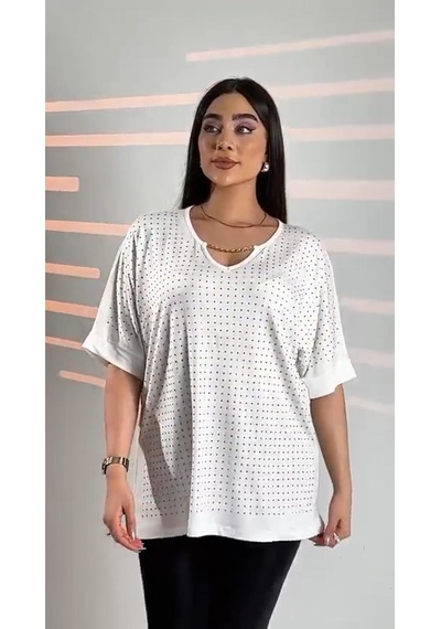 Elaxi Zincir Detaylı Taşlı Viskon Bluz Beyaz