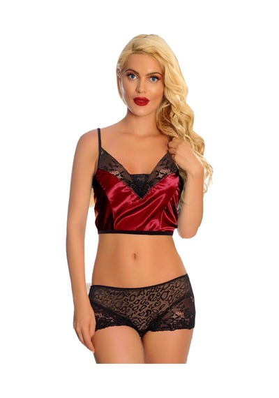 Bordo Saten Dantelli Babydoll Şortlu Takım - 288 Çok Renkli