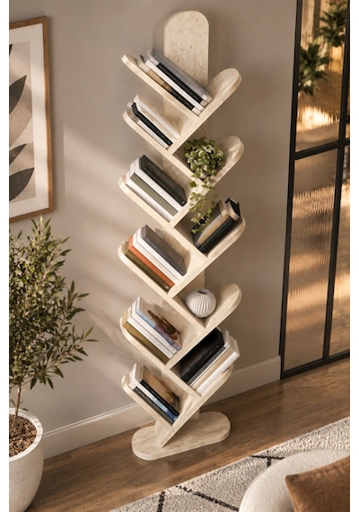 Sulorahome 10 Raflı Ekru Kitaplık 147 Cm Traverten Desenli Dikey Kütüphane