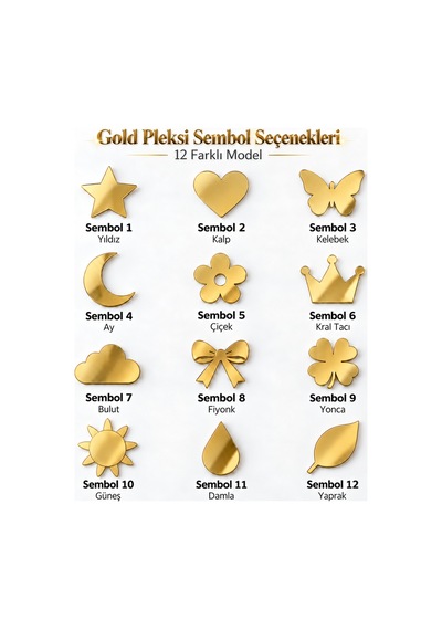 12 Li Gold / Gümüş Pleksi Süsleme Paketi 2 Cm Yapışkanlı Dekoratif Semboller Altın