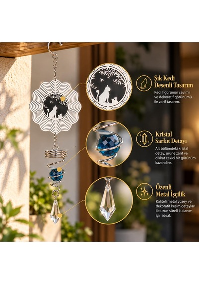 Kedi Desenli Rüzgar Çanı 36 Cm Metal Kristal Sarkıtlı Dekoratif Balkon Bahçe Asma Süsü