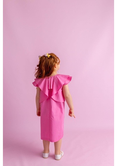 Oliventhekid Volanlı Poplin Kolsuz Ensesi Düğmeli Kız Çocuk Elbise Pembe Pembe