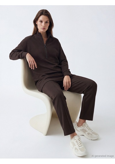 Lcw Modest Kahverengi Dik Yaka Soft Touch Kadın Sweatshirt Tunik