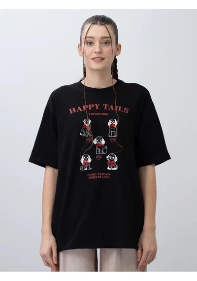 Zekids Kız Çocuk Oversize Köpek Baskılı Tasarım T-shirt-15806 Siyah