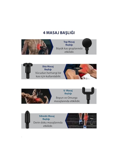 Titreşimli Şarjlı Sporcu Masaj Tabancası 4 Başlıklı 6 Kademe Hız Ayarlı Kas Gevşetici Masaj Aleti Siyah