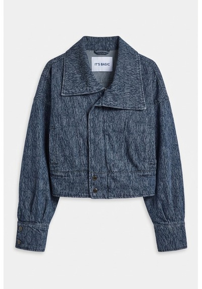 Kadın Mavi 9w6-197 Crop Kruvaze Özel Kumaş Tasarım Denim Ceket