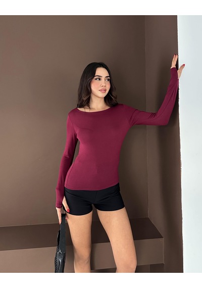 Elaxi Kadın Kayık Yaka Parmak Geçmeli Uzun Kollu Full Likralı Pamuk Viskon Buzzy Body Tişort Bordo Elaxi Kadın Kayık Yaka Parmak Geçmeli Uzun Kollu Full Likralı Pamuk Viskon Buzzy Body Tişort Bordo