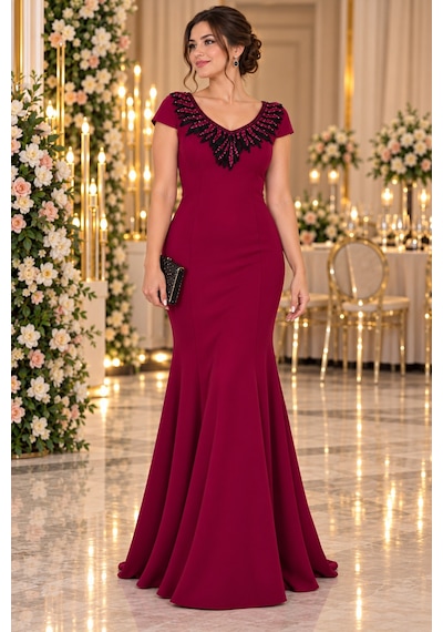 Gül&can Butik Bordo Payet İşlemeli Şık Abiye Elbise Bordo