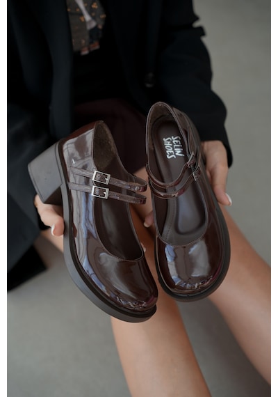 Selin Shoes Sandy Çift Bantlı Rugan Kadın Loafer- Kahve Rugan Kahverengi
