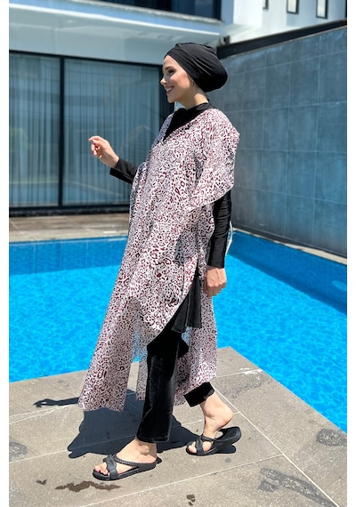 Remsa Mayo Üzerine Kaftan Pareo 430-217 Leopar Bordo Bordo
