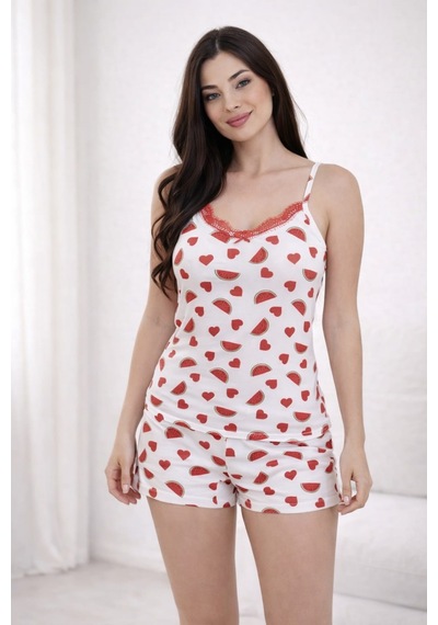 Kadın 20669 İp Askılı Şortlu % 100 Pamuk Pijama Takımı Beyaz