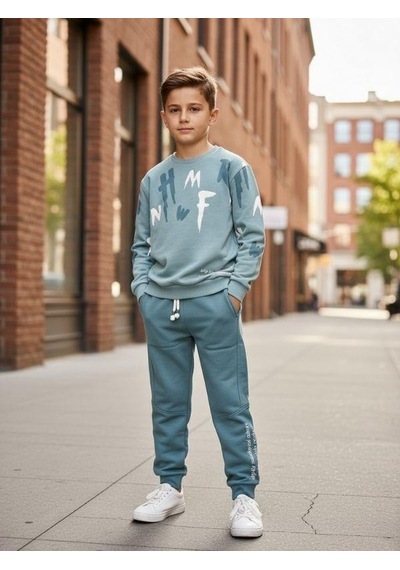 Zekids Erkek Çocuk Pamuklu Baskılı Eşofman Takım-16324 Mint Yeşili
