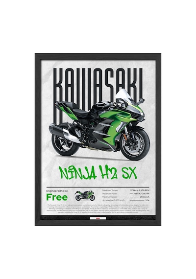 Kawasaki Ninja H2 Sx Siyah Ahşap Çerçeveli Poster, Dekoratif Motosiklet Duvar Tablosu