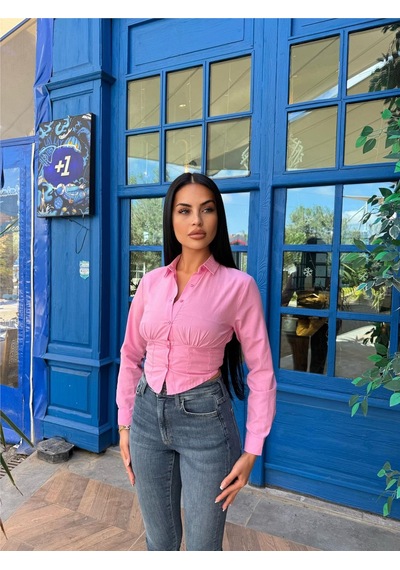 WeShaya Pembe Polyester Pamuk Parçalı Gömlek Pembe