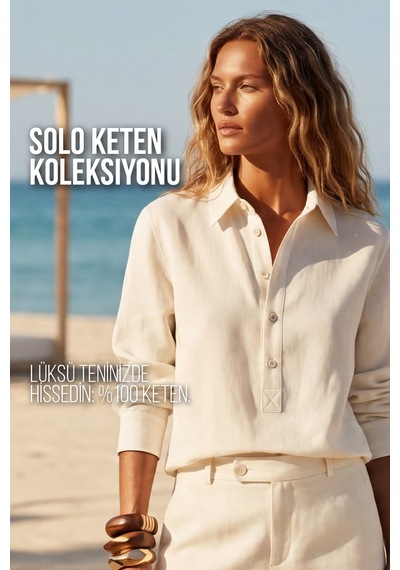 Goffra Kadın Solo %100 Doğal Keten Gömlek -- Klasik Yaka Basic Minimalist Tasarım Ekru W208-k0401-01