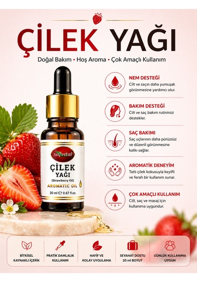 Çilek Yağı 20 Ml Aromatik Bitkisel Yağ Doğal Bakım Yağı Cilt Ve Saç İçin Nem Desteği