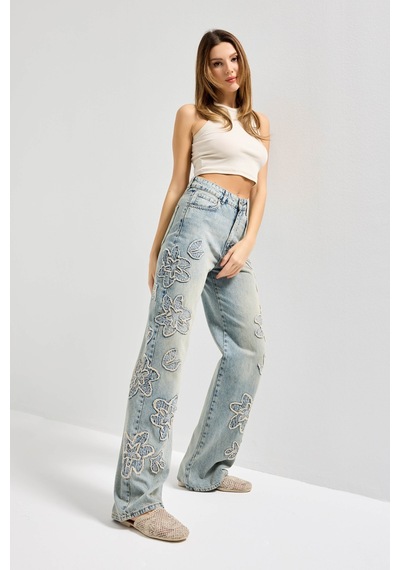 it's basic Kadın Kot Rengi 4s6-67 Straight Fit Yüksek Bel Nakış Detaylı Özel Tasarım Denim Jean Mavi