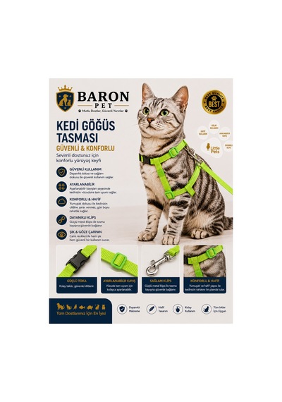 Kedi Göğüs Tasması Ve Gezdirme Kayışı Seti Fıstık Yeşili Düz Ayarlanabilir
