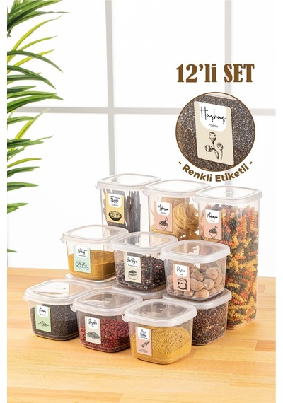 Vienev Peggy Renkli Etiketli Kare Erzak Saklama Kabı Beyaz 9x 0.55 L + 3x 1.75 L 12li Beyaz
