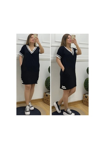 Butik İstanbul Kadın Kısa Kollu V Yaka Ribana Detaylı Cepli Dizüstü Viskon Elbise Siyah