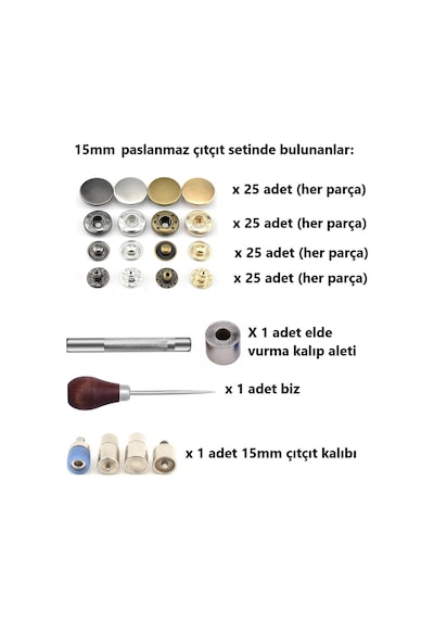 Paslanmaz Alfa Çıtçıt Yapım Seti 100 Adet 15 MM