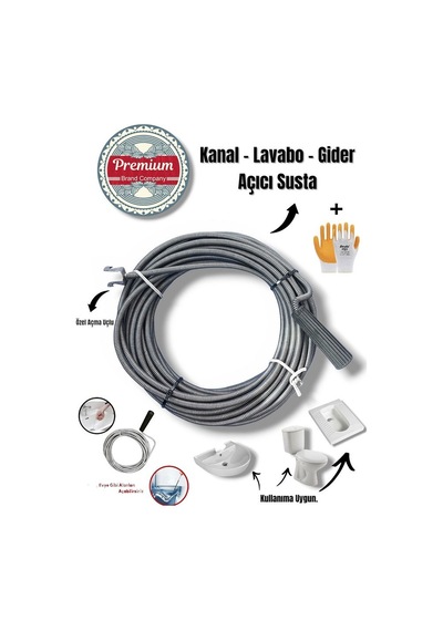 Premium Klozet Lavabo Gider Açıcı 5 Metre 9 Mm Özel Uç Aparatlı Kanal Susta + Eldiven